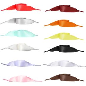 12 Pairs Wide Satin Ribbon Shoelaces, Flat Colorful Shoe Laces for Women Girls, Flat Satin Ribbon Shoelaces, Wide Shoe Laces for Sneakers Skate Shoes Boots Sport Shoes (12 Colors)