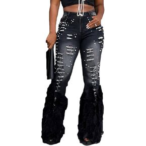 LETSVDO Women's Flare Ripped Pearl Jeans High Waist Distressed Feather Bell Bottom Stretchy Denim Pants
