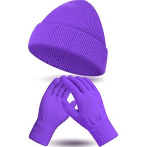 Winter Beanie Hat Gloves Set, Soft Knitted Hat Stretchy Gloves Warm Skull Cap Set for Women Men Gifts