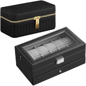 SONGMICS 12-Slot Watch Box and 3 Watch Travel Case Bundle, Lockable Watch Case with Glass Lid, Woven Embossed PU Leather, Gift Idea, Ink Black Surface, Gray and Ink Black Lining UJWB012 and UJWB017B01