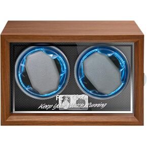 Double Watch Winders for Automatic Watches, Black Walnut Pattern Watch Box with Quiet Motor, Blue Backlight, 4 Rotation Modes, Gift for Men's and Women's Watches, USB Cable Powered