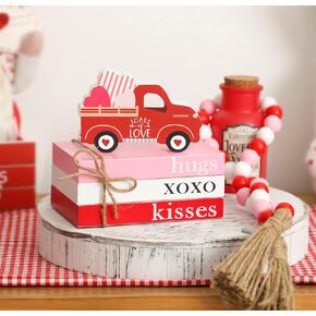Valentines Day Tiered Tray Decor, Cute Wood Book Stack with Bead Garland for Valentine Decor, Love Be Mine Mini Faux Decorative Books Bundle, Farmhouse Valentine Decor for Table Mantle Shelves