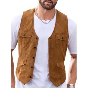 GORGLITTER Men's Western Cowboy Vest Sleeveless V Neck Single Breasted Casual Waistcoats Vests