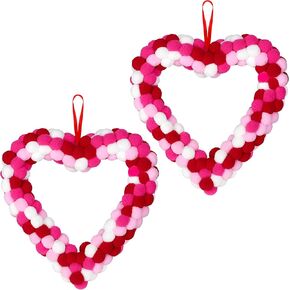 ANVAVO 2 Pieces Valentine's Day Heart Felt Pom Pom Wreath 13 Inch Heart Wreath Valentine Door Hanger Pink Heart Felt Ball Garland for Wedding Engagement Anniversary Home Indoor Outdoor Decoration