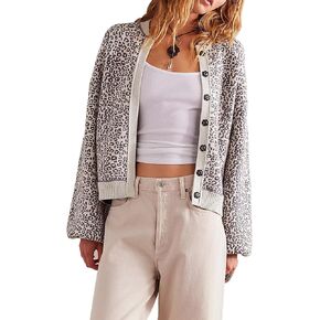 Women's Casual Leopard Print Jacket Crew Neck Long Sleeve Loose Fit Button Coat Fall Trendy Bomber Cardigan