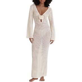 Leoparts Women's Knitted Swimsuit Cover Up 3D Floral Hollow Out Open Back Tie-Up Maxi Dress Beachwear Coverup Dresses