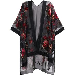 WeHello Women's Burnout Velvet Kimono Long Cardigan Cover Up with Tassel (Peony/Black)