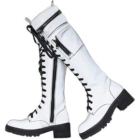pearlzone Women's Lace Up Knee High Boots,Synthetic Leather Pockets Biker Goth Shoes,Knitting Stitching Lace Up Combat Booties