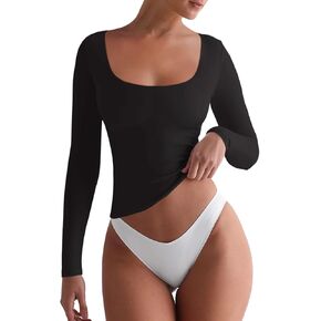 REORIA Womens Basic Square Neck Long Sleeve Shirts Double Lined Tops Tight Shirts Fall Outfits 2024