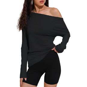 Women's Asymmetrical Long Sleeve Top Trendy Sexy Off Shoulder Top T-shirt 2024 Casual Loose Solid Tunics Tee
