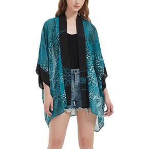 Women's Loose Print Sheer Chiffon Kimono Beach Swim Cover up Cardigan Capes Blouse Tops