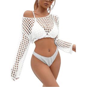 SHENHE Women's Hollow Out Crochet Beach Cover Up Sheer Long Sleeve Crop Beach Top