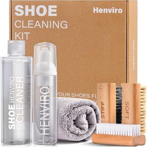 Henviro Shoe Cleaner Kit for Sneaker - 8.5 Oz Sneaker Cleaning Kit with Shoe Brushes & Towel, White Shoe Cleaner Kit, Suede Shoe Cleaner for Suede Leather Mesh Knit, White Shoe, and Most Materials