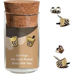 Dainty Little Tiny Things Asian Takeout - Boba Milk Tea Stud Earrings, Black Plated Cute Glass Jar Packaging – Plastic-Free - Foodie Gift, 18k Gold Plated
