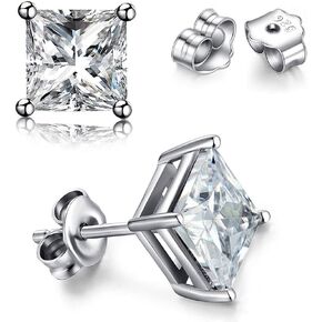MMTTAO 925 Sterling Silver Pricess Cut Cubic Zirconia Stud Earrings for Women Men 4 Prong Sparkling Brilliance Diamond CZ Studs Ear Piercing Earrings Hypoallergenic Jewelry for Her 4MM-8MM Available