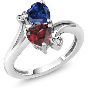 Gem Stone King 10K White Gold Customized and Personalized 2 Gemstone Birthstone For Her 6MM Heart Shape Engagement Ring for Women | Available In Size 5, 6, 7, 8, 9