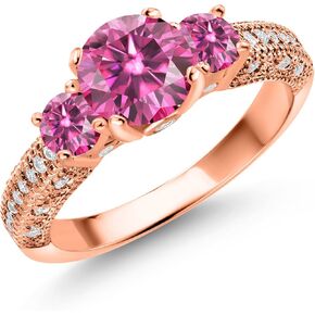 Gem Stone King 18K Rose Gold Plated Silver Pink and White Moissanite 3 Stone Engagement Ring For Women (1.74 Cttw, Gemstone, Round 7MM and 4MM)
