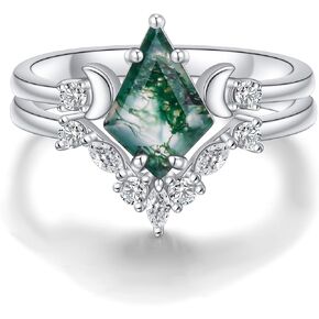 Natural Moss Agate Ring Kite Cut Ring Set 925 Sterling Silver Moon Ring Engagement Ring for Women Jewelry Gift for Women