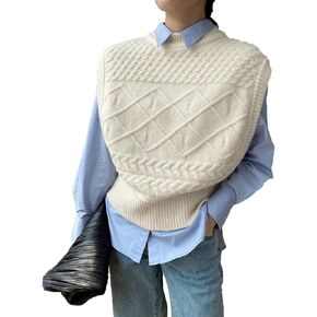 Women Knit Sweater Vest Fisherman Sleeveless Loose Crewneck Waistcoat Pullover Knitwear Top