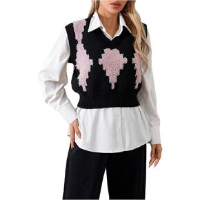 MakeMeChic Women's Colorblock V Neck Sleeveless Vest Casual Knit Crop Sweater Vests