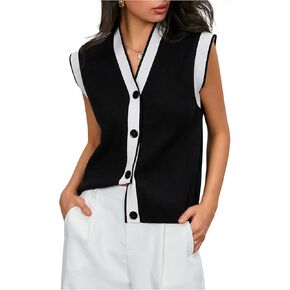 Verdusa Women's Old Money Sweater Vest Bottom Up Cap Sleeve Knit Sweater Top Contrast Color Fall Cardigan