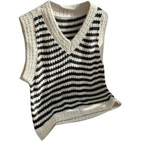 MakeMeChic Women's Striped Print Hollow Out V Neck Sleeveless Sweater Vest Casual Knit Tops