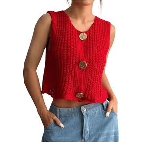 Verdusa Women's Button Front Crochet Sweater Vest Round Neck Sleeveless Cropped Knit Cardigan