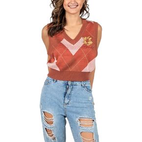 Harry Potter Embroidered Gold Hogwarts Crest Sleeves Diamond Plaid Women's Sweater Vest