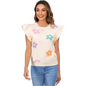 MakeMeChic Women's Floral Sweater Vest Cap Short Sleeve Sweater Crew Neck Knit Tops
