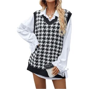 Verdusa Women's Sweater Vest Houndstooth V Neck Knitted Sweater Vest Casual Loose Sleeveless Sweater Pullover Top