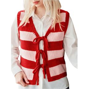 GORGLITTER Women's Striped Tie Front Sweater Vest Sleeveless V Neck Color Block Knit Tops