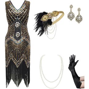 BABEYOND Women's Flapper Dresses Set 1920s V Neck Great Gatsby Dress with Accessories Set