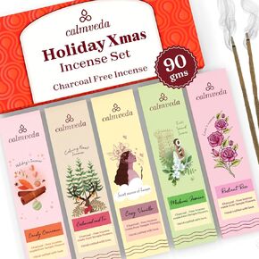 Holiday Christmas Incense Stick Set - (5 Variants) Charcoal Free, Made from Upcycled Flowers | Warm Winter Scents Like Vanilla Cake, Balsam Cedar, Rose & Cinnamon | Perfect for Seasonal Gifting