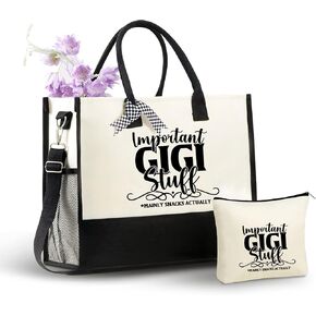 InnoBeta Gigi Gifts Canvas Tote Bag, Important Gigi Stuff Bag with Top Zipper Closure and Shoulder Strap for Birthday, Mother's Day, Christmas