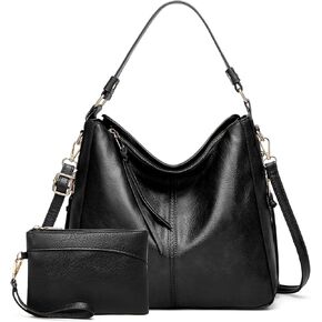 Large Trendy Designer Hobo Tote Bag for Women, Soft Leather Crossbody Shoulder Handbag, Purse and Wallet Set Black Brown