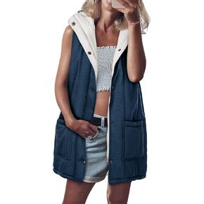 Tankaneo Womens Long Puffer Vests Outerwear Hooded Button Down Gilet Sleeveless Warm Winter Coats Jackets