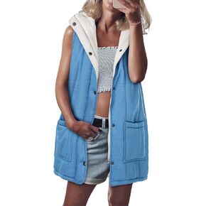 Tankaneo Womens Long Puffer Vests Outerwear Hooded Button Down Gilet Sleeveless Warm Winter Coats Jackets