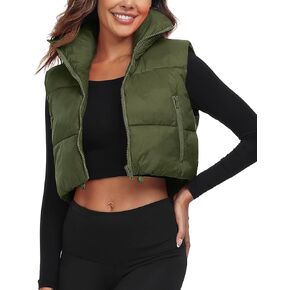 MISS MOLY Women's Cropped Puffer Vest High Stand Collar Zipper Trendy Padded Lightweight Quilted Vest With Pockets