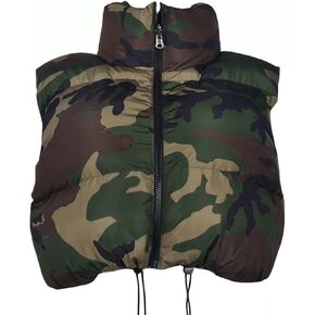 Womens Winter Quilted Vest Camouflage Sleeveless Heated Jacket Outerwear Trendy Drawstring Zip Stand Collar Warm Coat