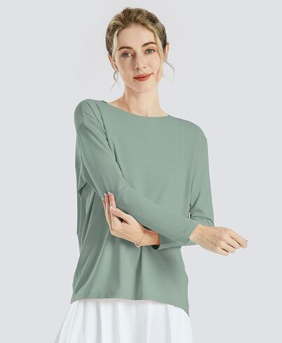 JOYSPELS Ice Silk Long-Sleeve Shirts for Women Loose Fit Boat-Neck Workout Tops for Women in Kuwait
