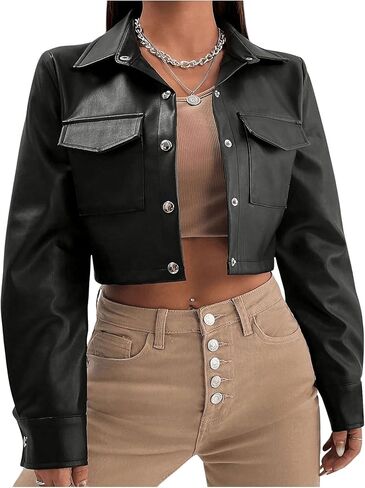 MakeMeChic Women's Plus Size PU Leather Cropped Jacket Button Down Long Sleeve Motorcycle Coat in Saudi Arabia