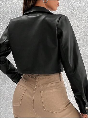 MakeMeChic Women's Plus Size PU Leather Cropped Jacket Button Down Long Sleeve Motorcycle Coat in Saudi Arabia