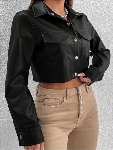 MakeMeChic Women's Plus Size PU Leather Cropped Jacket Button Down Long Sleeve Motorcycle Coat in Saudi Arabia