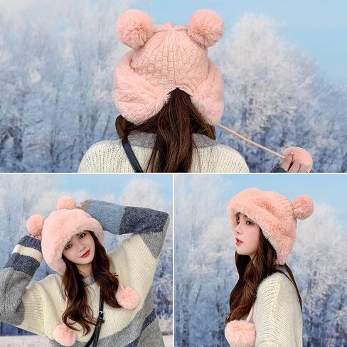 Peicees Winter Beanie Hats for Women Warm Knit Skull Cap Fur Hat with Pompom Russian Ushanka Trapper Hat Ear Cover in Kuwait