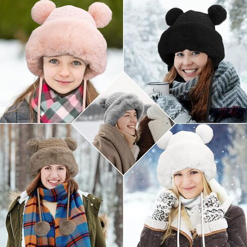 Peicees Winter Beanie Hats for Women Warm Knit Skull Cap Fur Hat with Pompom Russian Ushanka Trapper Hat Ear Cover in Kuwait