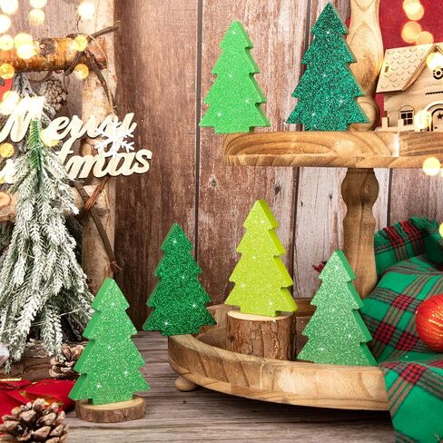 Christmas Table Decorations Indoor, Glitter Wooden Christmas Tiered Tray Decors, Christmas tree Block Signs Xmas Tabletop Centerpiece for New Year Winter Holiday Home Party Decorations (Set of 6) in Saudi Arabia
