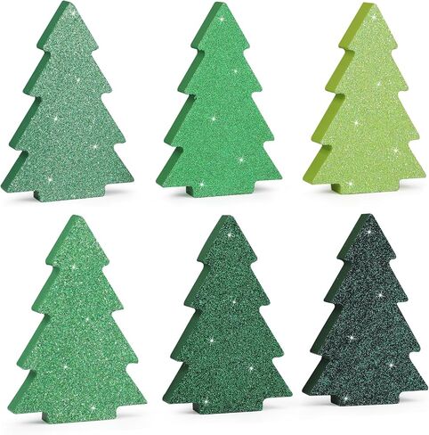 Christmas Table Decorations Indoor, Glitter Wooden Christmas Tiered Tray Decors, Christmas tree Block Signs Xmas Tabletop Centerpiece for New Year Winter Holiday Home Party Decorations (Set of 6) in Saudi Arabia