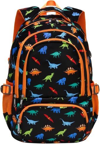BLUEFAIRY Boys Backpack for School Kids Elementary Primary Middle School Bookbag Back to School Bags Book Bags for Child Mochila Escolares para Niños 17" Dinosaur Black Orange in Kuwait