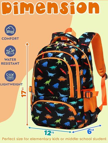 BLUEFAIRY Boys Backpack for School Kids Elementary Primary Middle School Bookbag Back to School Bags Book Bags for Child Mochila Escolares para Niños 17" Dinosaur Black Orange in Kuwait