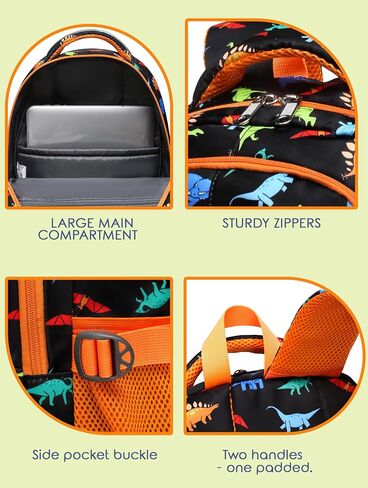 BLUEFAIRY Boys Backpack for School Kids Elementary Primary Middle School Bookbag Back to School Bags Book Bags for Child Mochila Escolares para Niños 17" Dinosaur Black Orange in Kuwait